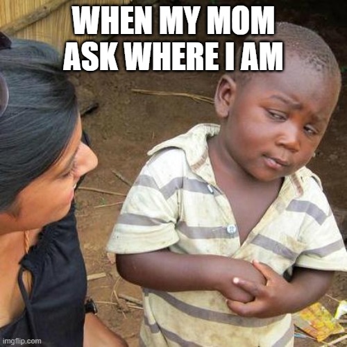 *Me | WHEN MY MOM ASK WHERE I AM | image tagged in memes,third world skeptical kid | made w/ Imgflip meme maker