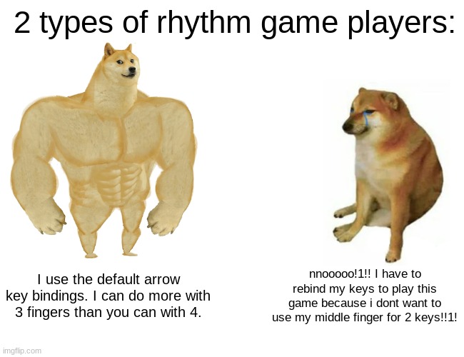 Buff Doge vs. Cheems | 2 types of rhythm game players:; I use the default arrow key bindings. I can do more with 3 fingers than you can with 4. nnooooo!1!! I have to rebind my keys to play this game because i dont want to use my middle finger for 2 keys!!1! | image tagged in memes,buff doge vs cheems,gaming,funny,relatable,games | made w/ Imgflip meme maker