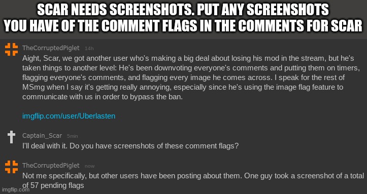 SCAR NEEDS SCREENSHOTS. PUT ANY SCREENSHOTS YOU HAVE OF THE COMMENT FLAGS IN THE COMMENTS FOR SCAR | made w/ Imgflip meme maker