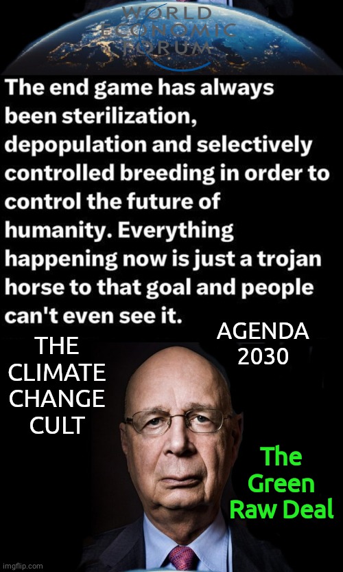 Klaus Schwab's Depopulation Agends | AGENDA 2030; THE CLIMATE CHANGE CULT; The Green Raw Deal | image tagged in klaus schwab world economic forum world wef own nothing | made w/ Imgflip meme maker