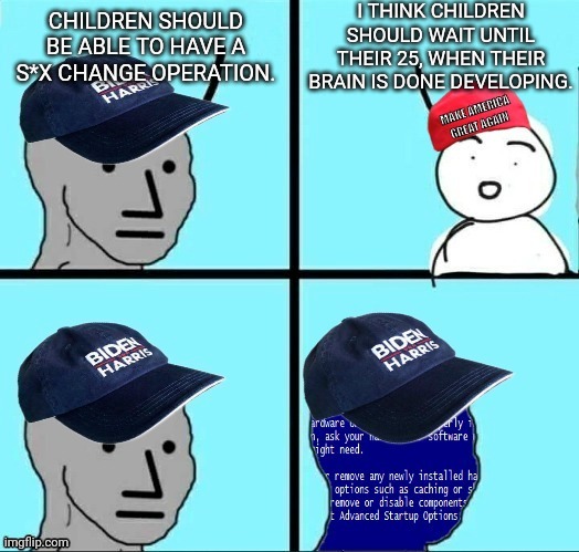 Remember this argument (Wait until their Brains finish developing) | I THINK CHILDREN SHOULD WAIT UNTIL THEIR 25, WHEN THEIR BRAIN IS DONE DEVELOPING. CHILDREN SHOULD BE ABLE TO HAVE A S*X CHANGE OPERATION. | image tagged in npc blue screen democrat shutdown,democrats,npc | made w/ Imgflip meme maker