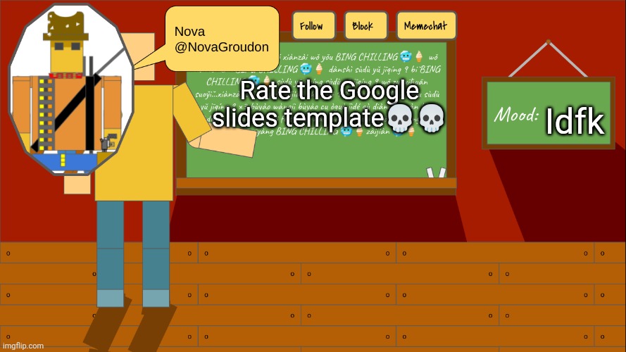 The silliness :skull: | Idfk; Rate the Google slides template💀💀 | image tagged in novagroudon template | made w/ Imgflip meme maker