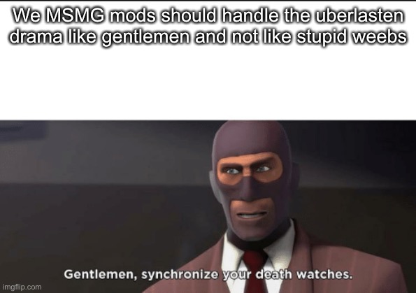 gentlemen, synchronize your death watches | We MSMG mods should handle the uberlasten drama like gentlemen and not like stupid weebs | image tagged in gentlemen synchronize your death watches | made w/ Imgflip meme maker