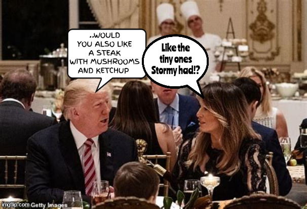 Dinner with tiny mushrooms... | ..WOULD YOU ALSO LIKE A STEAK WITH MUSHROOMS AND KETCHUP; Like the tiny ones Stormy had!? | image tagged in donald trump,melania trump,mushroom,steak,fly in the soup,forgot my wallet | made w/ Imgflip meme maker