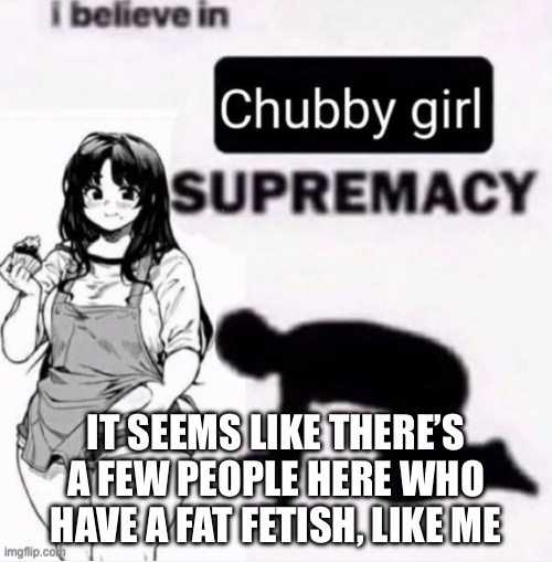 I believe in chubby girl supremacy | IT SEEMS LIKE THERE’S A FEW PEOPLE HERE WHO HAVE A FAT FETISH, LIKE ME | image tagged in i believe in chubby girl supremacy | made w/ Imgflip meme maker