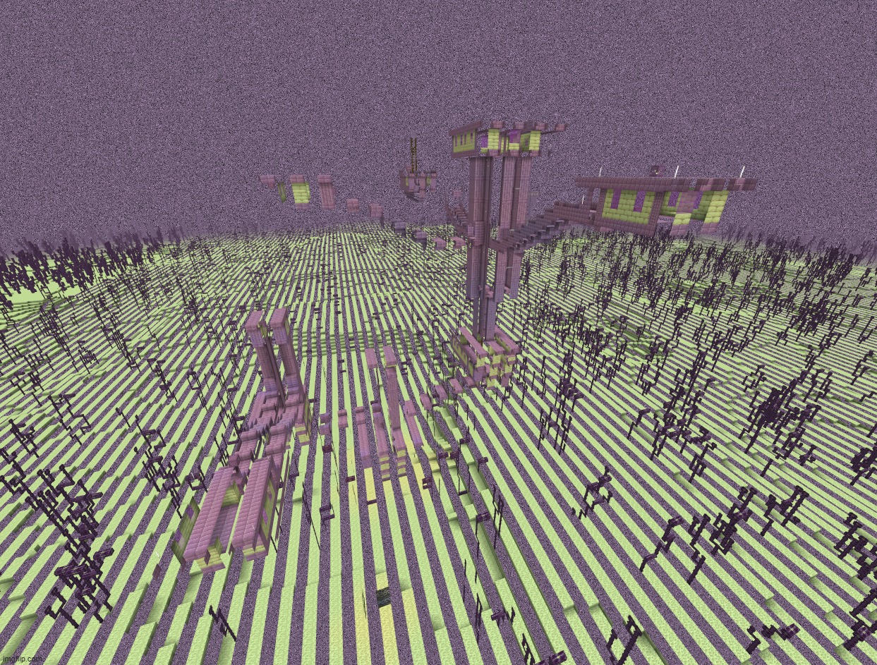 Caption="An {End City} generated in the current Bedrock Positive X Farlands." | made w/ Imgflip meme maker