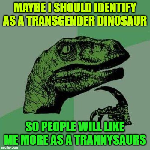 Dino | MAYBE I SHOULD IDENTIFY AS A TRANSGENDER DINOSAUR; SO PEOPLE WILL LIKE ME MORE AS A TRANNYSAURS | image tagged in dino | made w/ Imgflip meme maker