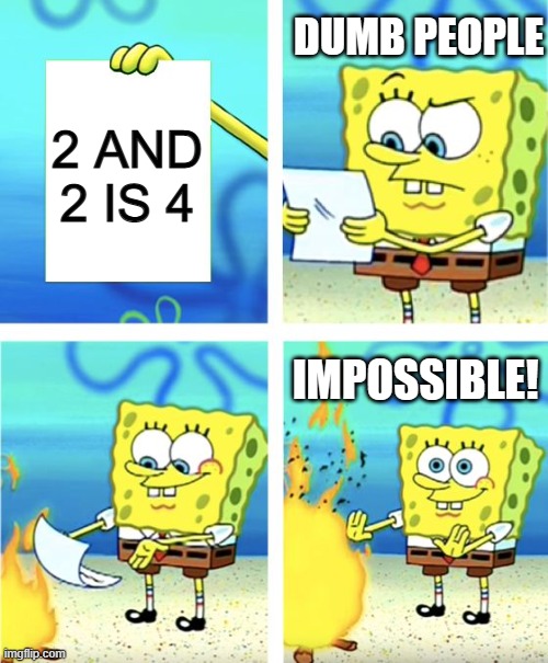 Spongebob Burning Paper | DUMB PEOPLE; 2 AND 2 IS 4; IMPOSSIBLE! | image tagged in spongebob burning paper | made w/ Imgflip meme maker