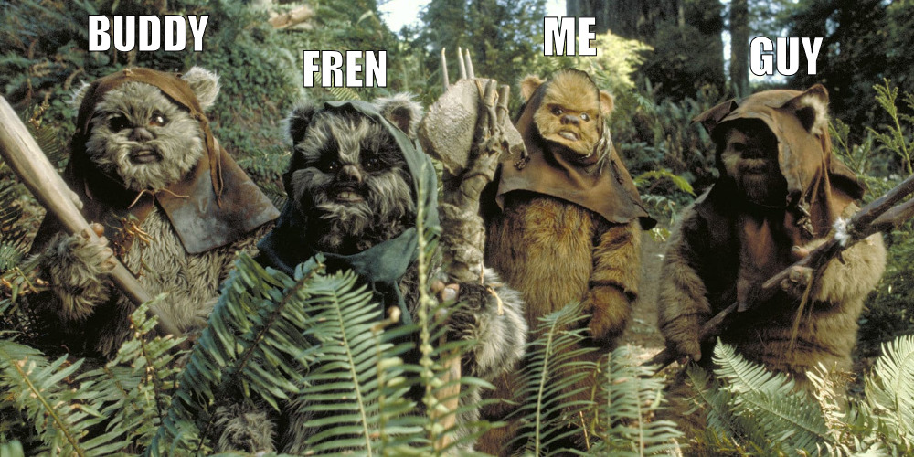 ME THE BROS JUST HANGING ON THE BLOCK | BUDDY; ME; GUY; FREN | image tagged in ewok army | made w/ Imgflip meme maker