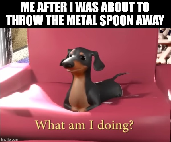 What am I doing? | ME AFTER I WAS ABOUT TO THROW THE METAL SPOON AWAY | image tagged in what am i doing | made w/ Imgflip meme maker