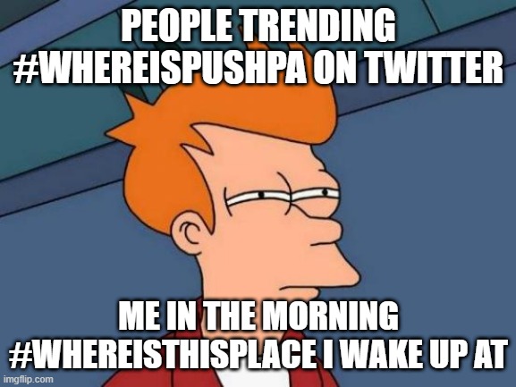 lol | PEOPLE TRENDING #WHEREISPUSHPA ON TWITTER; ME IN THE MORNING #WHEREISTHISPLACE I WAKE UP AT | image tagged in memes,futurama fry | made w/ Imgflip meme maker