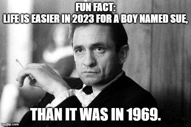 We have an identity Crisis going on in this country. | FUN FACT:
LIFE IS EASIER IN 2023 FOR A BOY NAMED SUE, THAN IT WAS IN 1969. | image tagged in johnny cash,transgender,gender identity,liberals | made w/ Imgflip meme maker