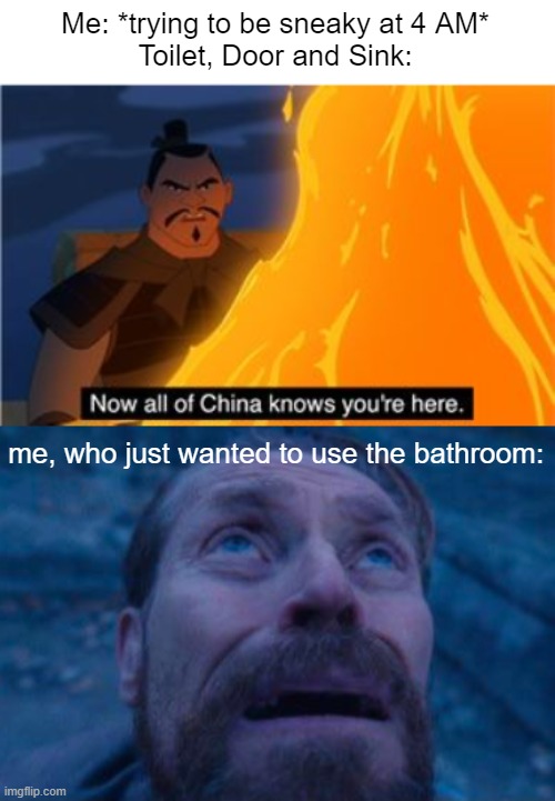 spare me | Me: *trying to be sneaky at 4 AM*
Toilet, Door and Sink:; me, who just wanted to use the bathroom: | image tagged in now all of china knows you're here,willem dafoe looking up,oh wow are you actually reading these tags | made w/ Imgflip meme maker
