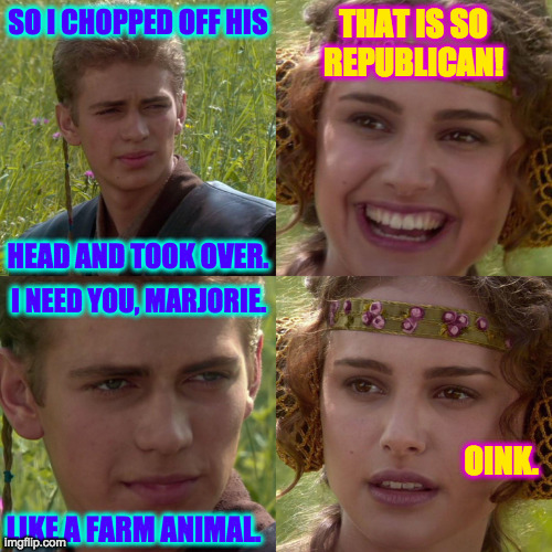 Anakin Padme 4 Panel | SO I CHOPPED OFF HIS HEAD AND TOOK OVER. THAT IS SO
REPUBLICAN! I NEED YOU, MARJORIE. LIKE A FARM ANIMAL. OINK. | image tagged in anakin padme 4 panel | made w/ Imgflip meme maker