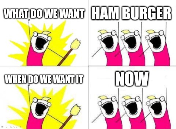 What Do We Want Meme | WHAT DO WE WANT; HAM BURGER; NOW; WHEN DO WE WANT IT | image tagged in memes,what do we want | made w/ Imgflip meme maker