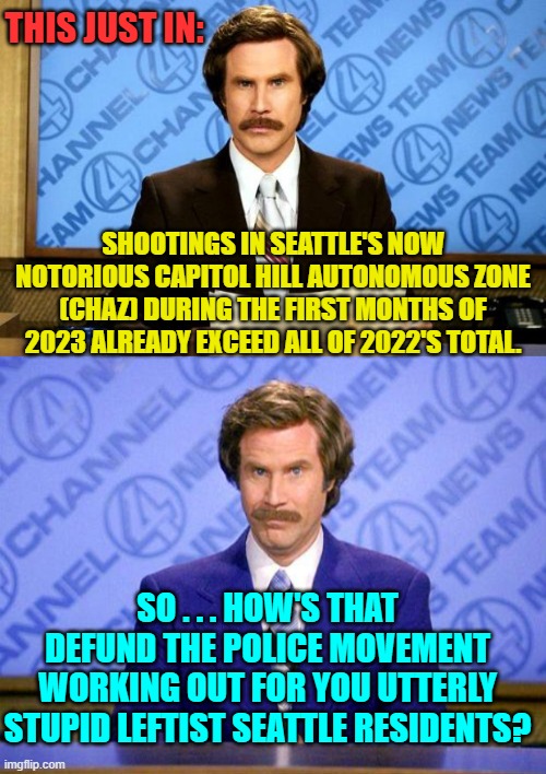 Where's Waldo should be changed to 'in search of leftist brains'. | THIS JUST IN:; SHOOTINGS IN SEATTLE'S NOW NOTORIOUS CAPITOL HILL AUTONOMOUS ZONE (CHAZ) DURING THE FIRST MONTHS OF 2023 ALREADY EXCEED ALL OF 2022'S TOTAL. SO . . . HOW'S THAT DEFUND THE POLICE MOVEMENT WORKING OUT FOR YOU UTTERLY STUPID LEFTIST SEATTLE RESIDENTS? | image tagged in breaking news | made w/ Imgflip meme maker