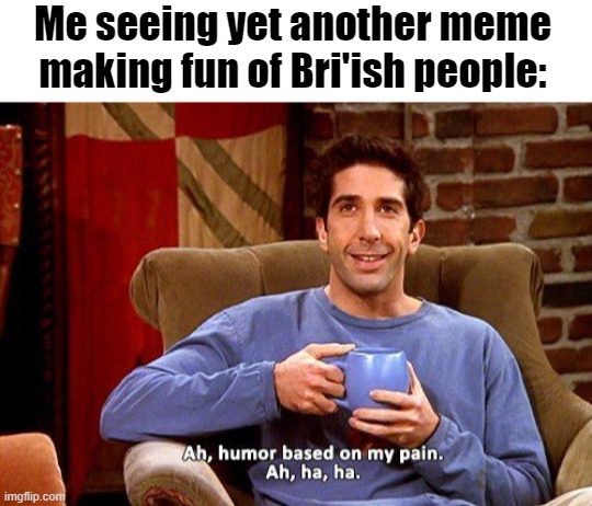 Fr | Me seeing yet another meme making fun of Bri'ish people: | image tagged in blank white template,ross humor based on my pain | made w/ Imgflip meme maker