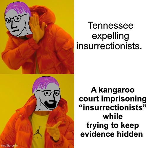 I thought all insurrections were bad | Tennessee expelling insurrectionists. A kangaroo court imprisoning “insurrectionists” while trying to keep evidence hidden | image tagged in memes,drake hotline bling,politics lol | made w/ Imgflip meme maker