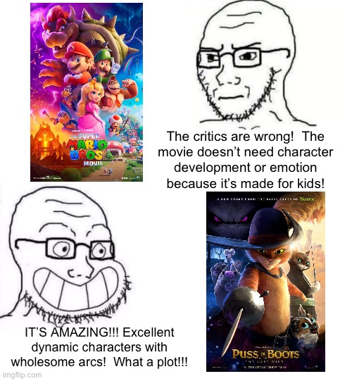 Take that’s hotter than my neighbor’s child | The critics are wrong!  The
movie doesn’t need character
development or emotion
because it’s made for kids! IT’S AMAZING!!! Excellent dynamic characters with wholesome arcs!  What a plot!!! | image tagged in hypocrite neckbeard | made w/ Imgflip meme maker