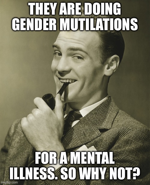 Smug | THEY ARE DOING GENDER MUTILATIONS FOR A MENTAL ILLNESS. SO WHY NOT? | image tagged in smug | made w/ Imgflip meme maker