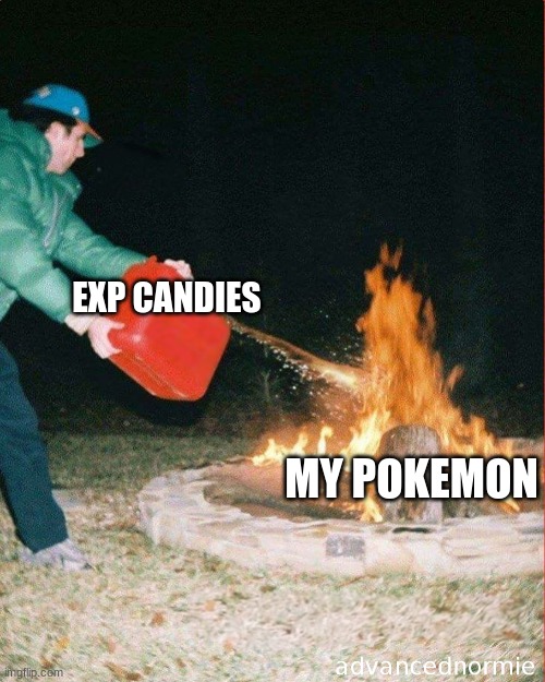 pouring gas on fire | EXP CANDIES; MY POKEMON | image tagged in pouring gas on fire | made w/ Imgflip meme maker