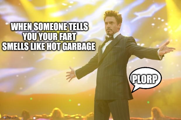 Tony Stark success | WHEN SOMEONE TELLS YOU YOUR FART SMELLS LIKE HOT GARBAGE; PLORP | image tagged in tony stark success | made w/ Imgflip meme maker