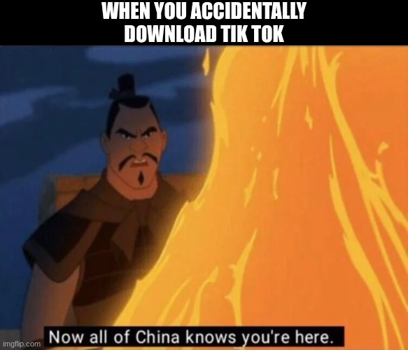 Now all of China knows you're here | WHEN YOU ACCIDENTALLY DOWNLOAD TIK TOK | image tagged in now all of china knows you're here | made w/ Imgflip meme maker