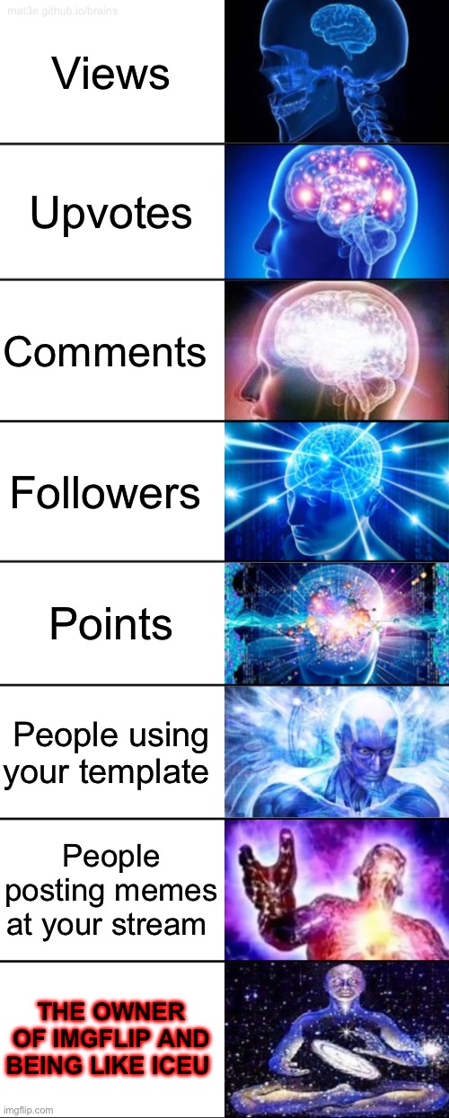 What people most want at Imgflip | Views; Upvotes; Comments; Followers; Points; People using your template; People posting memes at your stream; THE OWNER OF IMGFLIP AND BEING LIKE ICEU | image tagged in 8-tier expanding brain,imgflip users,imgflip,memes | made w/ Imgflip meme maker