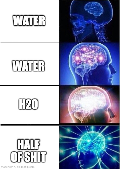 Yes | WATER; WATER; H2O; HALF OF SHIT | image tagged in memes,expanding brain | made w/ Imgflip meme maker