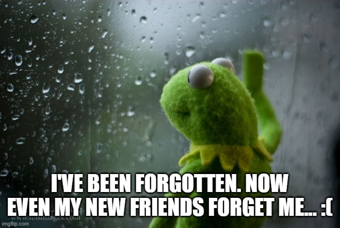 kermit window | I'VE BEEN FORGOTTEN. NOW EVEN MY NEW FRIENDS FORGET ME... :( | image tagged in kermit window | made w/ Imgflip meme maker