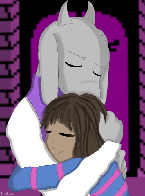 For the Undertale fans of the Drawings stream [For The Fans starts playing] | image tagged in undertale,toriel,frisk,hugging | made w/ Imgflip meme maker