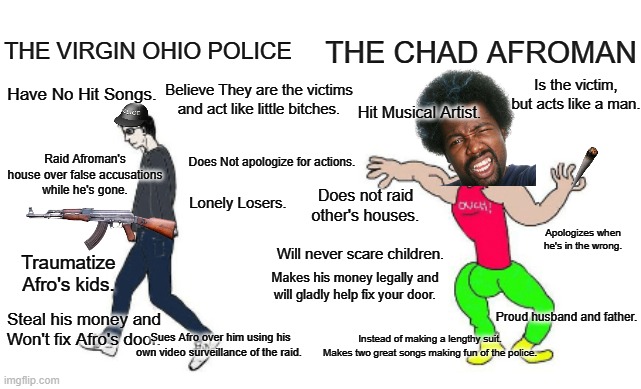 The Virgin Ohio Police vs. The Chad Afroman | THE VIRGIN OHIO POLICE; THE CHAD AFROMAN; Have No Hit Songs. Believe They are the victims and act like little bitches. Is the victim, but acts like a man. Hit Musical Artist. Raid Afroman's house over false accusations
while he's gone. Does Not apologize for actions. Does not raid other's houses. Lonely Losers. Apologizes when he's in the wrong. Will never scare children. Traumatize Afro's kids. Makes his money legally and will gladly help fix your door. Proud husband and father. Steal his money and Won't fix Afro's door. Sues Afro over him using his own video surveillance of the raid. Instead of making a lengthy suit. Makes two great songs making fun of the police. | image tagged in virgin vs chad | made w/ Imgflip meme maker