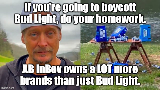 Do your homework | If you're going to boycott Bud Light, do your homework. AB InBev owns a LOT more brands than just Bud Light. | image tagged in boycott,bud light | made w/ Imgflip meme maker