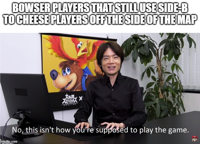 Please, just play Smash like a mentally stable person | BOWSER PLAYERS THAT STILL USE SIDE-B TO CHEESE PLAYERS OFF THE SIDE OF THE MAP | image tagged in this isn't how you're supposed to play the game | made w/ Imgflip meme maker