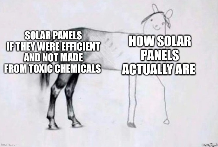 Solar panels are a lie | SOLAR PANELS IF THEY WERE EFFICIENT AND NOT MADE FROM TOXIC CHEMICALS; HOW SOLAR PANELS ACTUALLY ARE | image tagged in horse drawing | made w/ Imgflip meme maker
