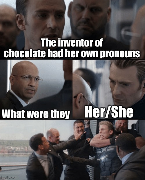 More trashy jokes ?? | The inventor of chocolate had her own pronouns; What were they; Her/She | image tagged in captain america elevator fight,balls | made w/ Imgflip meme maker