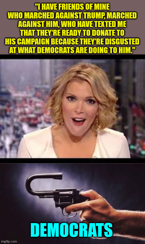 Sorry libs... it's not working as you expected... | "I HAVE FRIENDS OF MINE WHO MARCHED AGAINST TRUMP, MARCHED AGAINST HIM, WHO HAVE TEXTED ME THAT THEY'RE READY TO DONATE TO HIS CAMPAIGN BECAUSE THEY'RE DISGUSTED AT WHAT DEMOCRATS ARE DOING TO HIM."; DEMOCRATS | image tagged in megyn kelly,backfiring,triggered liberal,trump,witch hunt | made w/ Imgflip meme maker