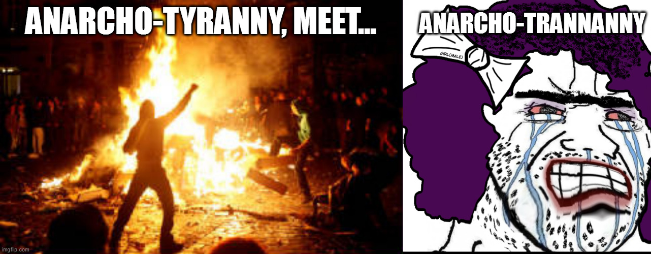ANARCHO-TYRANNY, MEET... ANARCHO-TRANNANNY | image tagged in anarchy riot,mad tranny | made w/ Imgflip meme maker