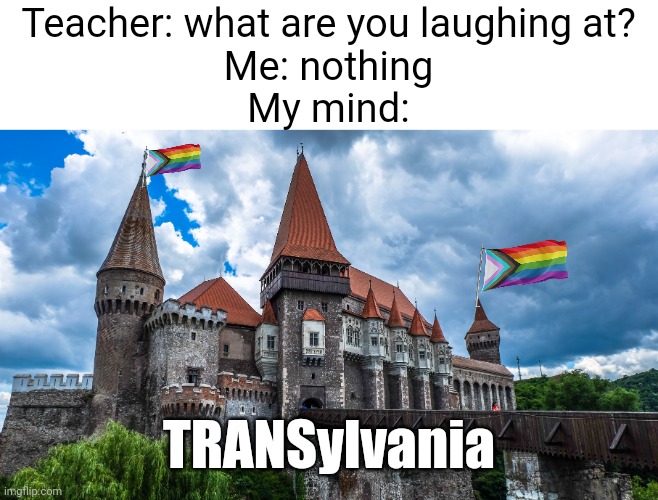 Meme #614 | Teacher: what are you laughing at?
Me: nothing
My mind:; TRANSylvania | image tagged in transgender,trans,castle,teacher what are you laughing at,laugh,funny | made w/ Imgflip meme maker