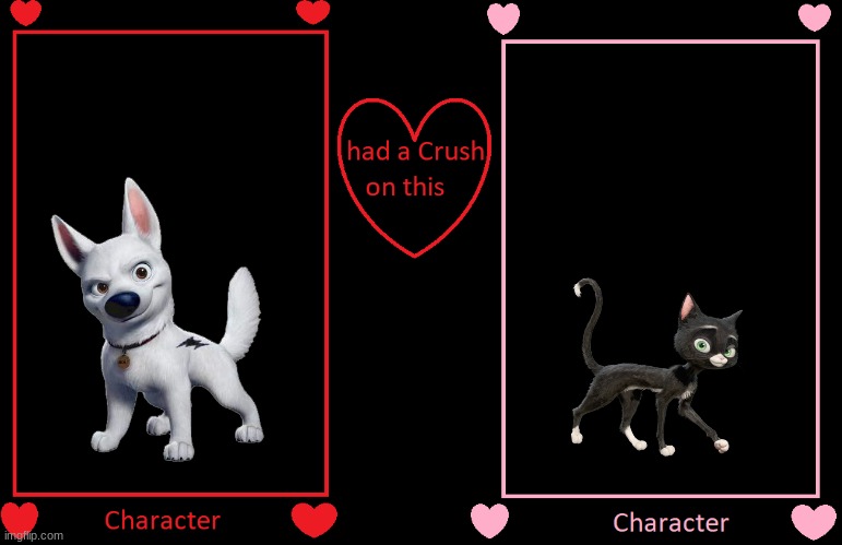 if bolt had a crush on mittens | image tagged in what if this character had a crush on this person,disney,dogs,cats,romance | made w/ Imgflip meme maker