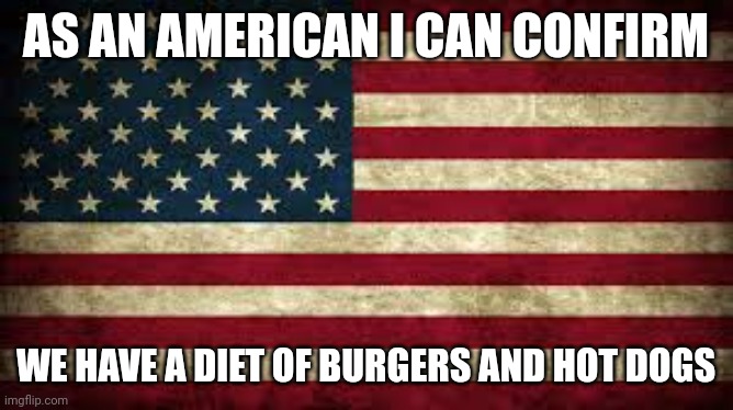 American Flag | AS AN AMERICAN I CAN CONFIRM; WE HAVE A DIET OF BURGERS AND HOT DOGS | image tagged in american flag | made w/ Imgflip meme maker
