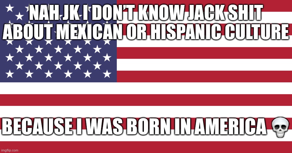 I might be the only guy who knows nothing about their own race | NAH JK I DON’T KNOW JACK SHIT ABOUT MEXICAN OR HISPANIC CULTURE; BECAUSE I WAS BORN IN AMERICA 💀 | image tagged in flag of usa,balls | made w/ Imgflip meme maker