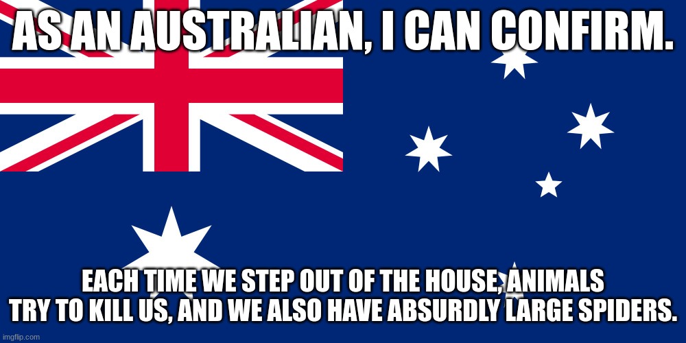 Australian Flag | AS AN AUSTRALIAN, I CAN CONFIRM. EACH TIME WE STEP OUT OF THE HOUSE, ANIMALS TRY TO KILL US, AND WE ALSO HAVE ABSURDLY LARGE SPIDERS. | image tagged in australian flag | made w/ Imgflip meme maker