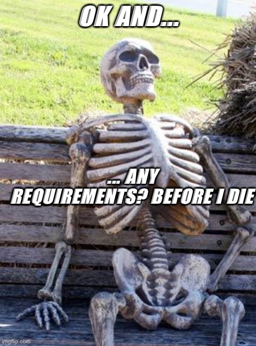Waiting Skeleton | OK AND... ... ANY REQUIREMENTS? BEFORE I DIE | image tagged in memes,waiting skeleton | made w/ Imgflip meme maker