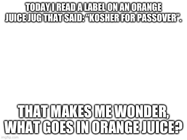 Besides oranges, I mean | TODAY I READ A LABEL ON AN ORANGE JUICE JUG THAT SAID: “KOSHER FOR PASSOVER”. THAT MAKES ME WONDER, WHAT GOES IN ORANGE JUICE? | image tagged in orange | made w/ Imgflip meme maker