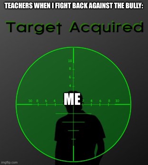 target acquired | TEACHERS WHEN I FIGHT BACK AGAINST THE BULLY:; ME | image tagged in target acquired | made w/ Imgflip meme maker
