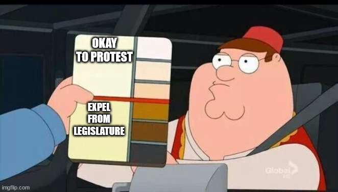 Peter Griffin skin color chart race terrorist blank | OKAY TO PROTEST; EXPEL FROM LEGISLATURE | image tagged in peter griffin skin color chart race terrorist blank | made w/ Imgflip meme maker