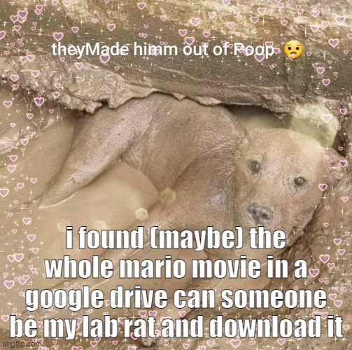 https://drive.google.com/file/d/1rkAdfTMmxdf9STuckhO-g4cLajGXTiL2/view | i found (maybe) the whole mario movie in a google drive can someone be my lab rat and download it | made w/ Imgflip meme maker