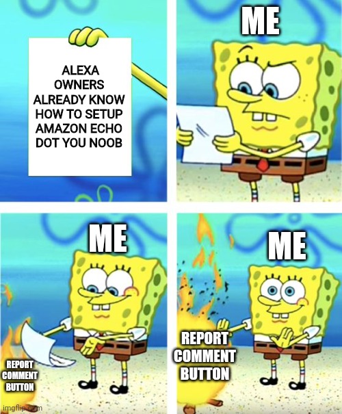 ikr someone commented "Alexa Owners Already Know How To Setup Amazon Echo Dot You Noob" on my third short in YouTube so i hit th | ME; ALEXA OWNERS ALREADY KNOW HOW TO SETUP AMAZON ECHO DOT YOU NOOB; ME; ME; REPORT COMMENT BUTTON; REPORT COMMENT BUTTON | image tagged in spongebob burning paper | made w/ Imgflip meme maker