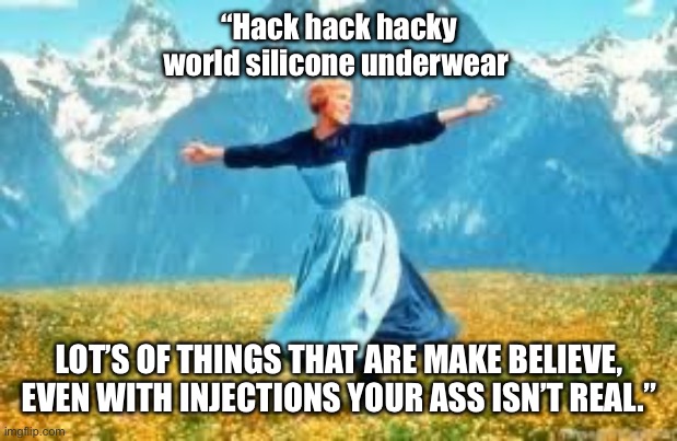 Funny | “Hack hack hacky world silicone underwear; LOT’S OF THINGS THAT ARE MAKE BELIEVE, EVEN WITH INJECTIONS YOUR ASS ISN’T REAL.” | image tagged in memes,look at all these,fake people,fake news,butt | made w/ Imgflip meme maker